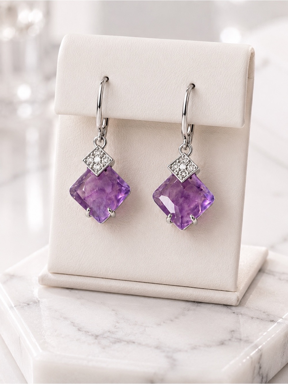 Rhode & Co Genuine Amethyst Drop Earrings Silver Plate Purple Gift Box NWT